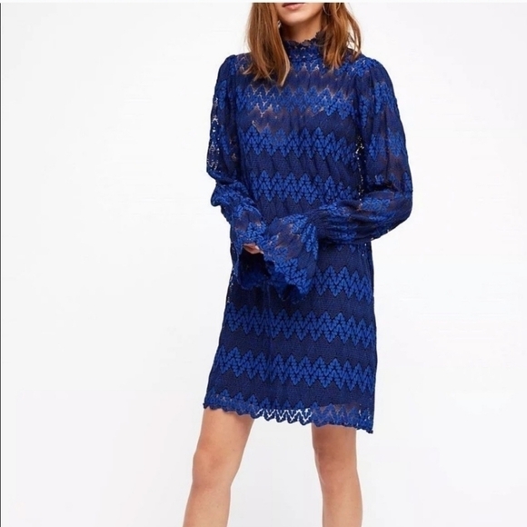 Free People Simone Lace cobalt blue dress flutter sleeve sz small - Picture 1 of 5